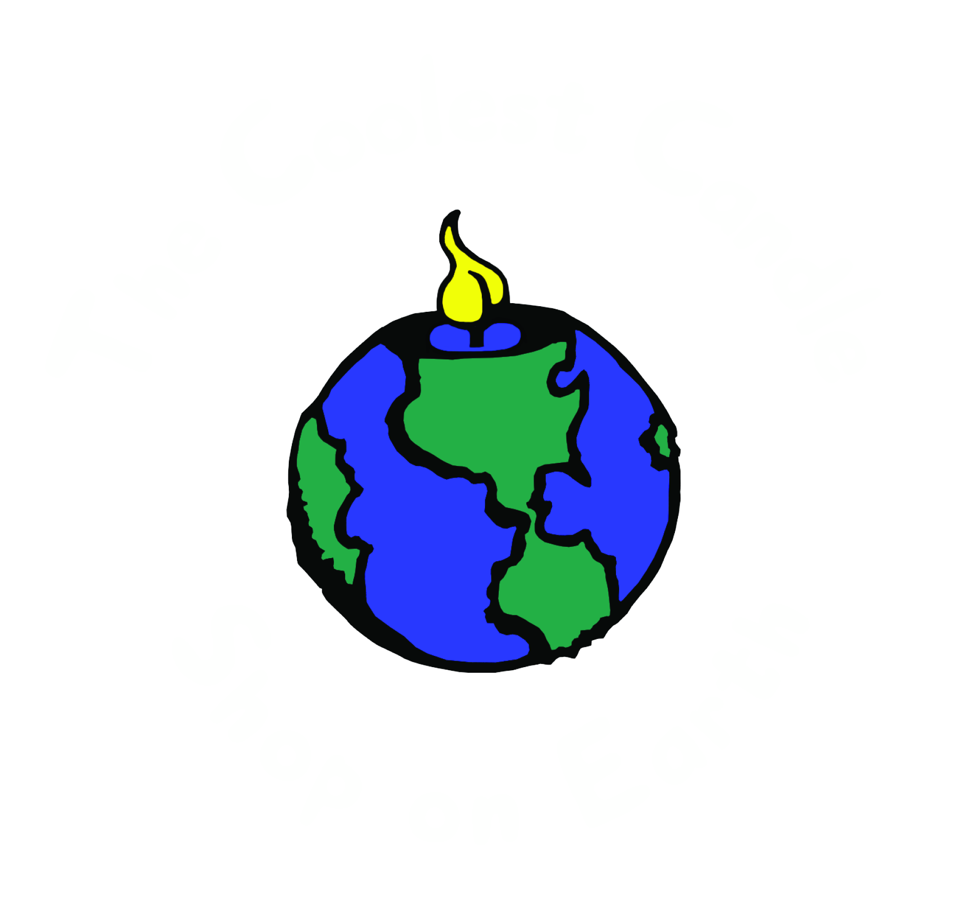 The Coolest Candle Shop on Earth slogan encircling a drawing of a lit earth ball candle.